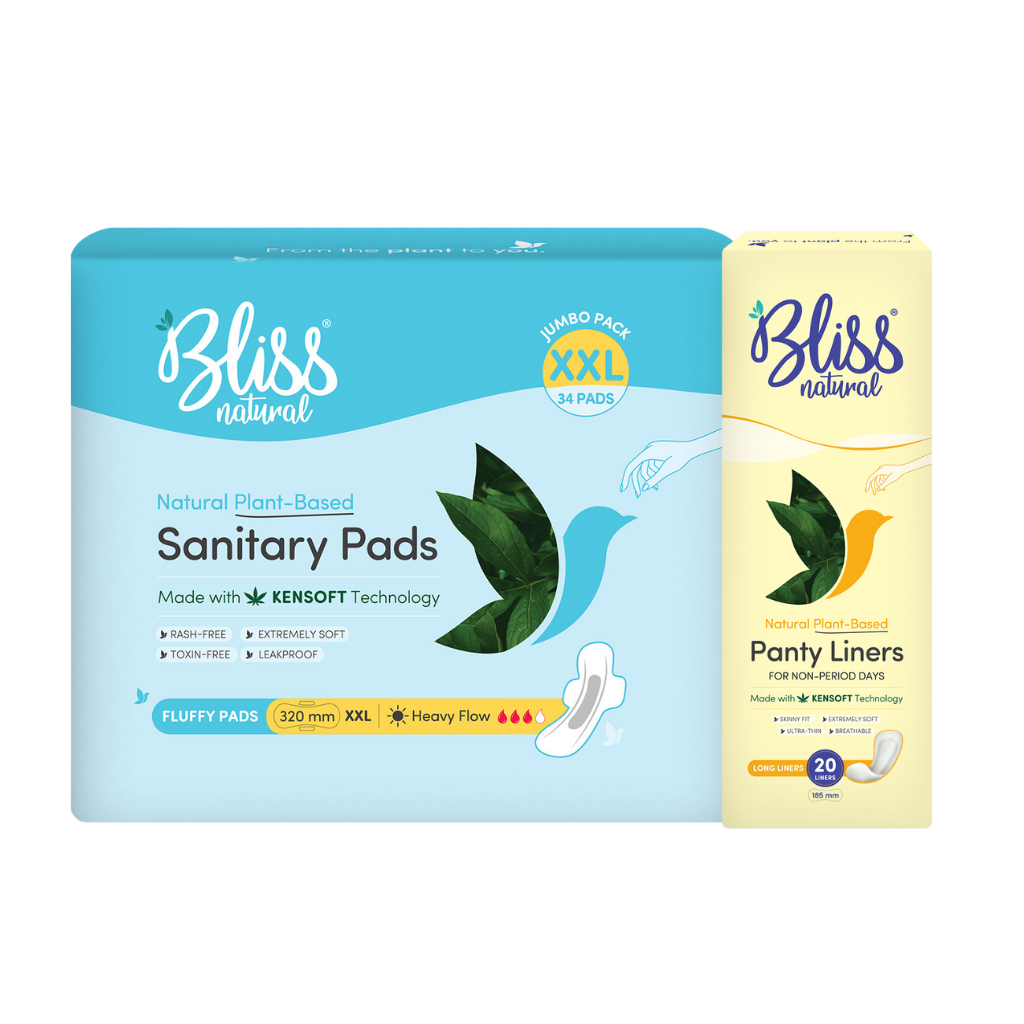 Bliss Organic Sanitary Pads | XXL Fluffy Jumbo Pack (34 Pads) + Bliss Organic Long Panty Liner (20 Liners)