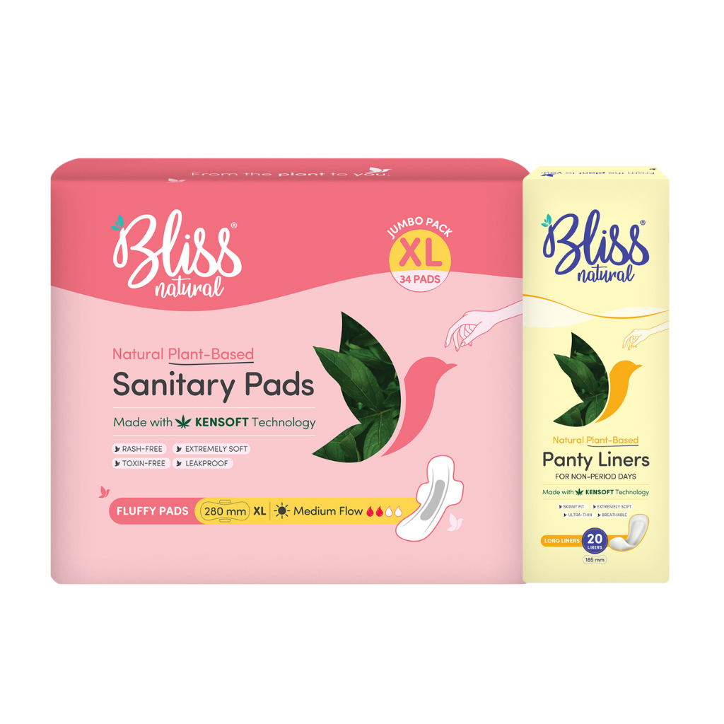 Bliss Organic Sanitary Pads | XL Fluffy Jumbo Pack (34 Pads) + Bliss Plant Based Long Panty Liner (20 Liners)